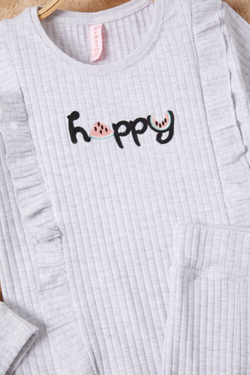 Gri Happy Yazılı Fırfırlı Kız Çocuk Takımı 16718