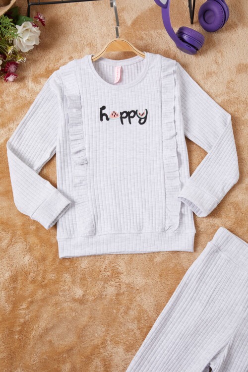 Gri Happy Yazılı Fırfırlı Kız Çocuk Takımı 16718