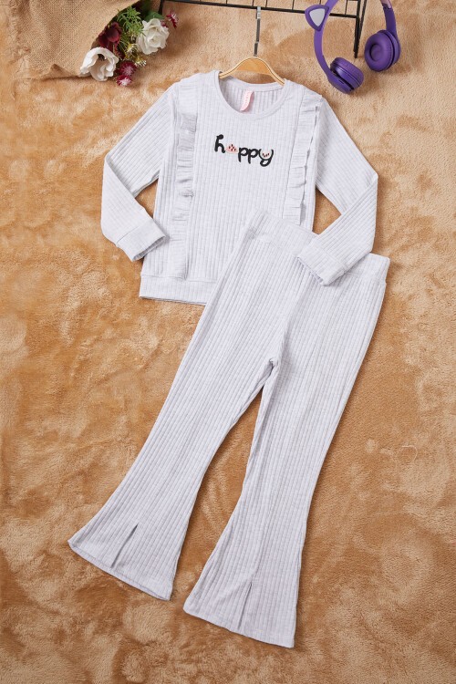 Gri Happy Yazılı Fırfırlı Kız Çocuk Takımı 16718