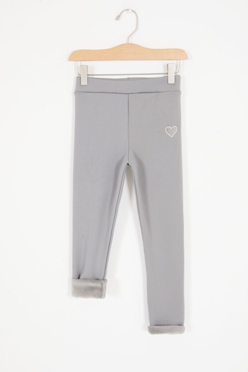Gri Kalp Nakışlı İçi Peluş Kız Çocuk Tayt 17092