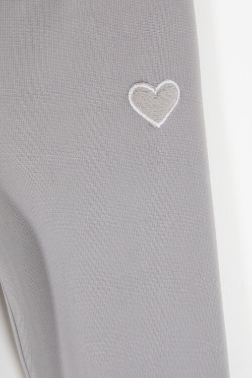 Gri Kalp Nakışlı İçi Peluş Kız Çocuk Tayt 17092