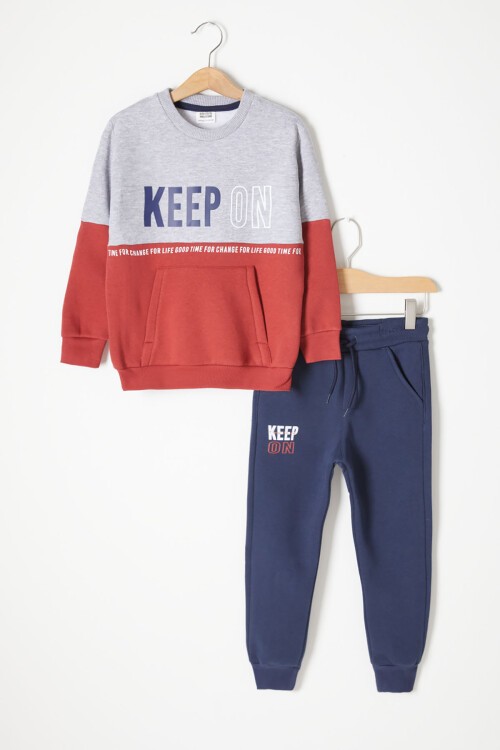 Gri Kanguru Cepli Yazı Baskılı Erkek Çocuk Polarlı Eşofman Takımı 16737