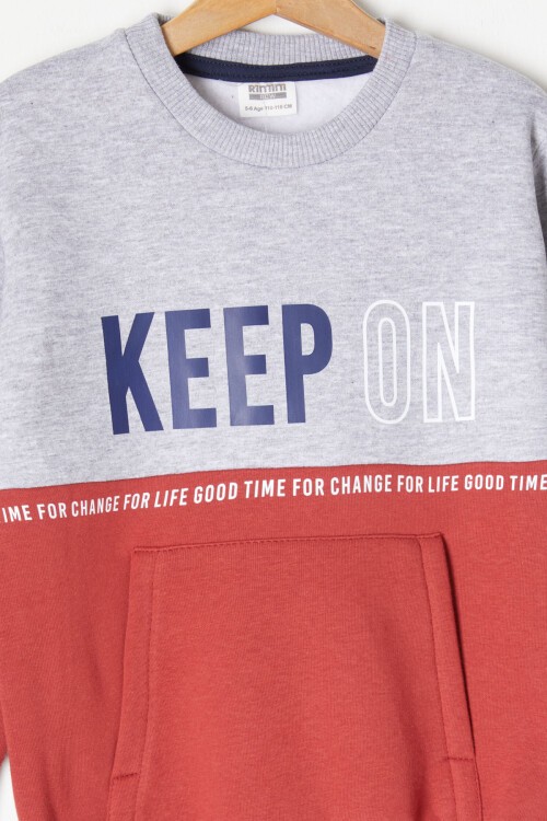 Gri Kanguru Cepli Yazı Baskılı Erkek Çocuk Polarlı Eşofman Takımı 16737