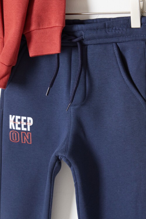 Gri Kanguru Cepli Yazı Baskılı Erkek Çocuk Polarlı Eşofman Takımı 16737