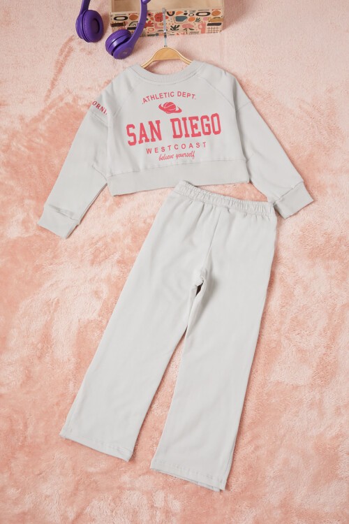 Gri Los Angeles Sırt Baskılı Yırtmaçlı Kız Çocuk Eşofman Takımı 16710