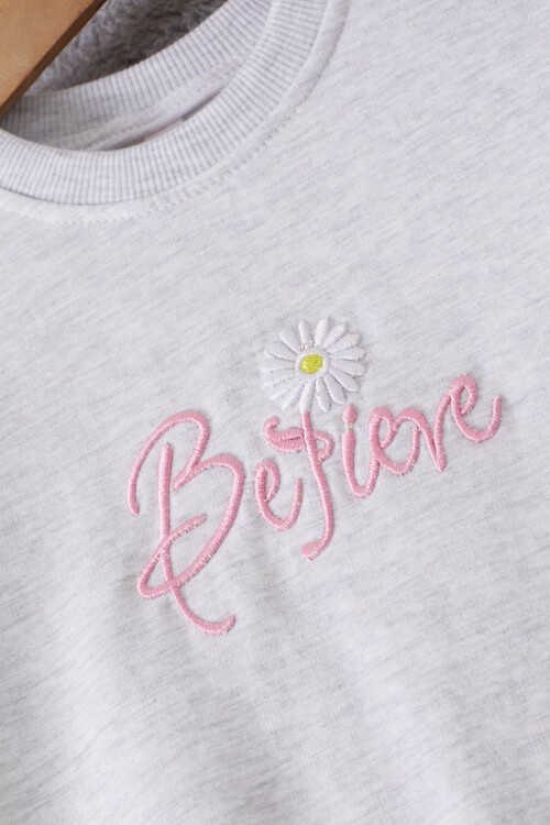 Gri Papatya Nakışlı Kolları Dantelli Kız Çocuk Sweatshirt 17167