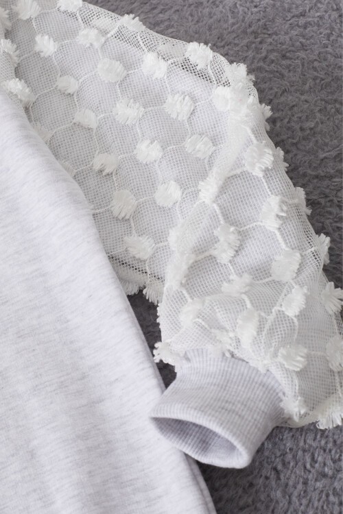 Gri Papatya Nakışlı Kolları Dantelli Kız Çocuk Sweatshirt 17167