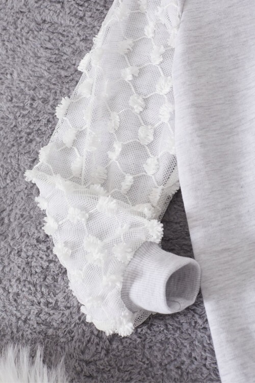 Gri Papatya Nakışlı Kolları Dantelli Kız Çocuk Sweatshirt 17167