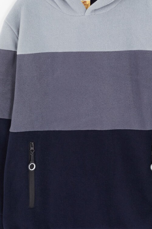 Gri Renk Bloklu Polarlı Kapüşonlu Unisex Çocuk Sweatshirt 16904