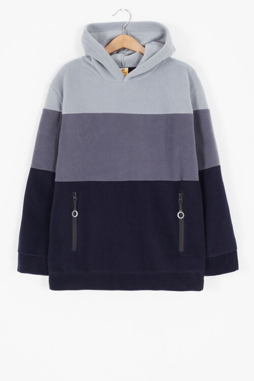 Gri Renk Bloklu Polarlı Kapüşonlu Unisex Çocuk Sweatshirt 16904