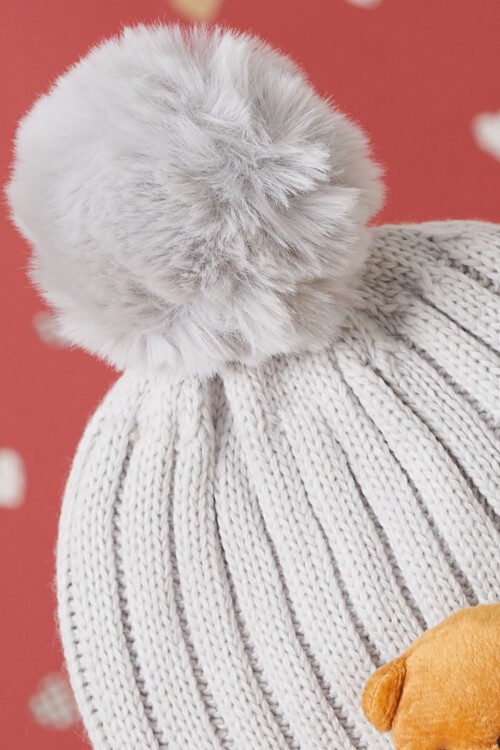 Gri Sevimli Ayıcıklı Renkli Ponponlu Çocuk Bere 17236