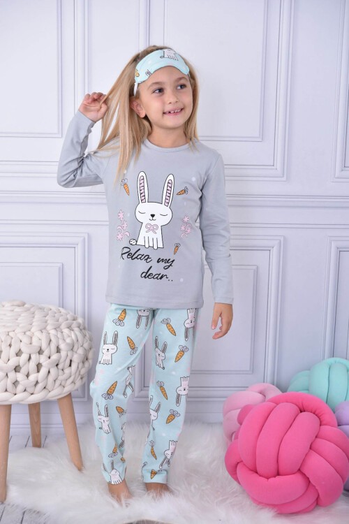 Gri Tavşan Baskılı Havuçlu Kız Çocuk Pijama Takımı 17023