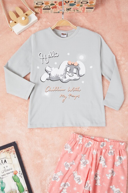 Gri Tavşan Baskılı Yazılı Kız Çocuk Pijama Takımı 16346