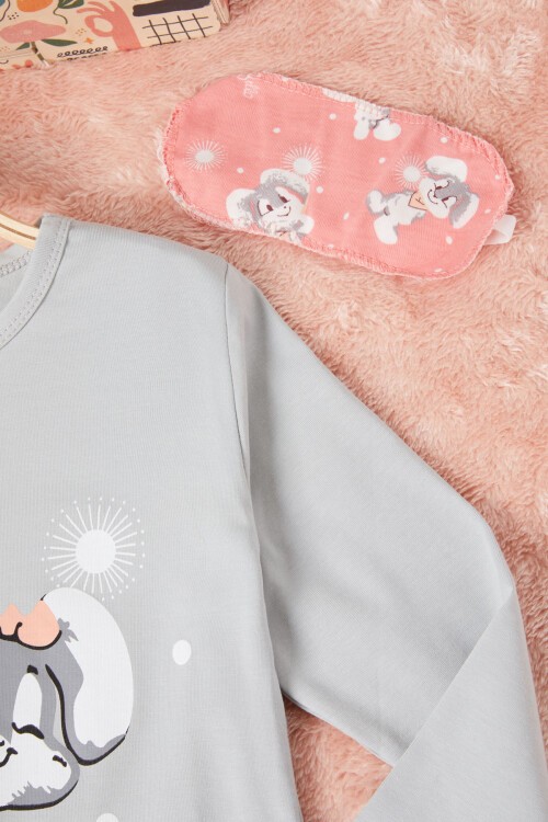 Gri Tavşan Baskılı Yazılı Kız Çocuk Pijama Takımı 16346