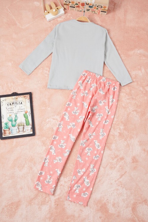 Gri Tavşan Baskılı Yazılı Kız Çocuk Pijama Takımı 16346