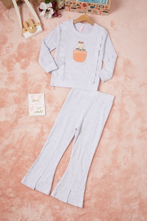 Gri Tavşan Nakışlı Yırtmaçlı Önü Fırfırlı Kız Takım 16608