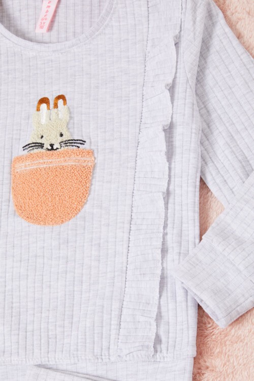 Gri Tavşan Nakışlı Yırtmaçlı Önü Fırfırlı Kız Takım 16608