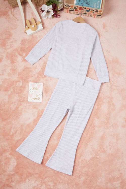 Gri Tavşan Nakışlı Yırtmaçlı Önü Fırfırlı Kız Takım 16608