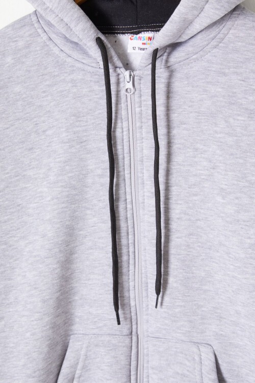 Gri Üç İplik Şardonlu Kapüşonlu Çocuk Hırka 16765