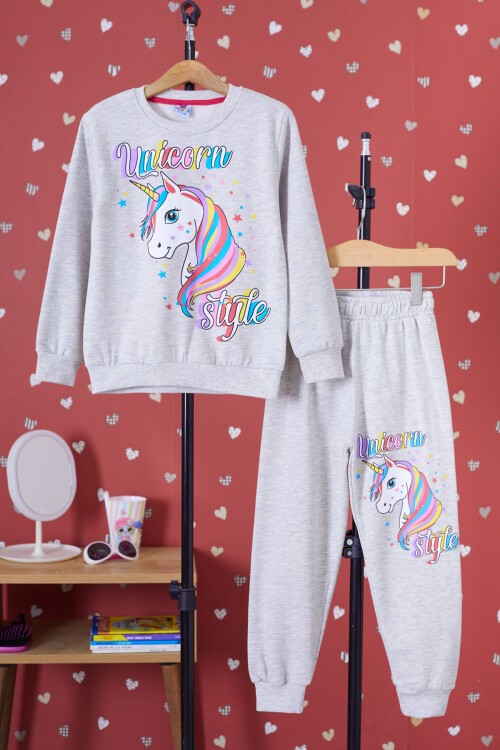 Gri Unicorn Baskılı Şardonlu Kız Çocuk Eşofman Takımı 17354
