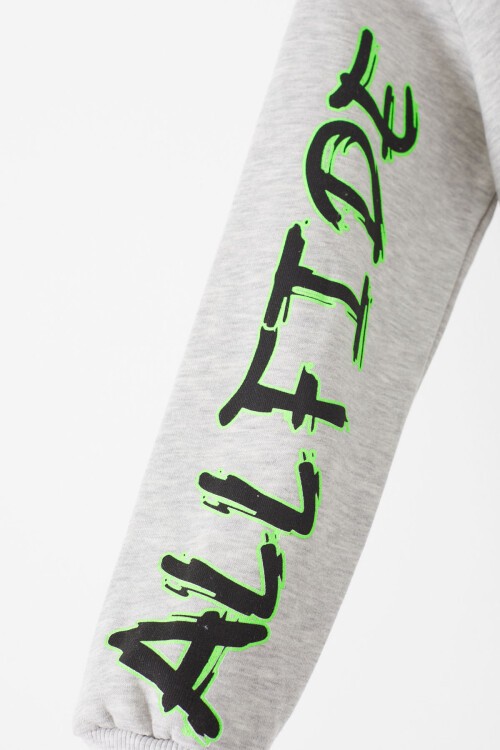 Gri Yazı Baskılı Polarlı Erkek Çocuk Kapüşonlu Sweatshirt 17177