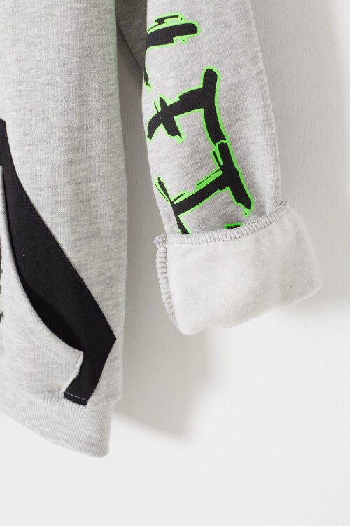 Gri Yazı Baskılı Polarlı Erkek Çocuk Kapüşonlu Sweatshirt 17177