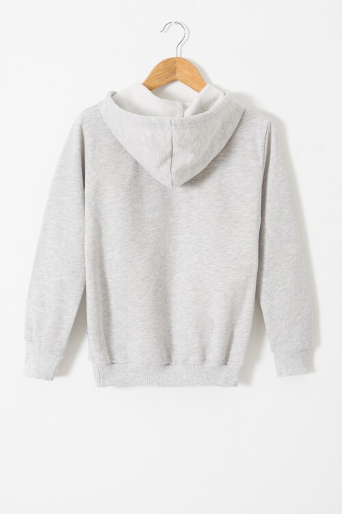 Gri Yazı Baskılı Polarlı Erkek Çocuk Kapüşonlu Sweatshirt 17177