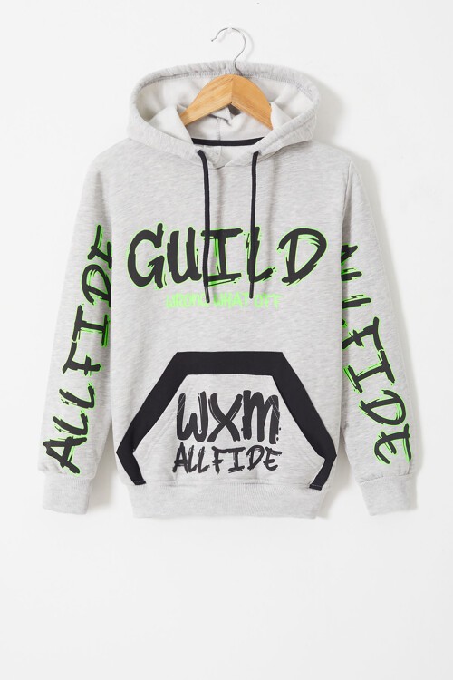 Gri Yazı Baskılı Polarlı Erkek Çocuk Kapüşonlu Sweatshirt 17177