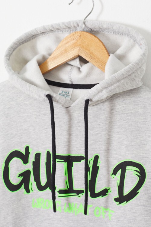 Gri Yazı Baskılı Polarlı Erkek Çocuk Kapüşonlu Sweatshirt 17177
