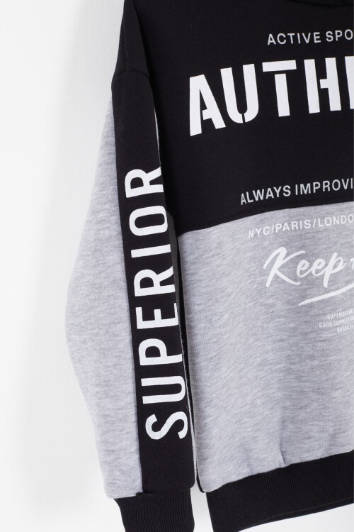 Gri Yazı Baskılı Şardonlu Erkek Çocuk Kapüşonlu Eşofman Takımı 17116