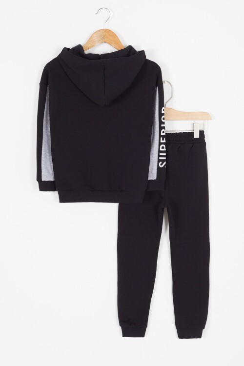 Gri Yazı Baskılı Şardonlu Erkek Çocuk Kapüşonlu Eşofman Takımı 17116