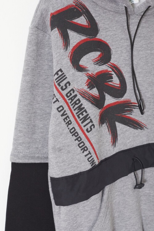 Gri Yazılı Şardonlu Erkek Çocuk Kapüşonlu Sweatshirt 17250