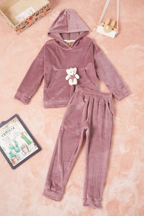 Gül Kurusu Ayıcıklı Kanguru Cepli Kız Kadife Eşofman Takımı 16573