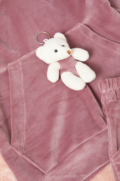 Gül Kurusu Ayıcıklı Kanguru Cepli Kız Kadife Eşofman Takımı 16573