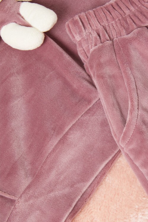 Gül Kurusu Ayıcıklı Kanguru Cepli Kız Kadife Eşofman Takımı 16573