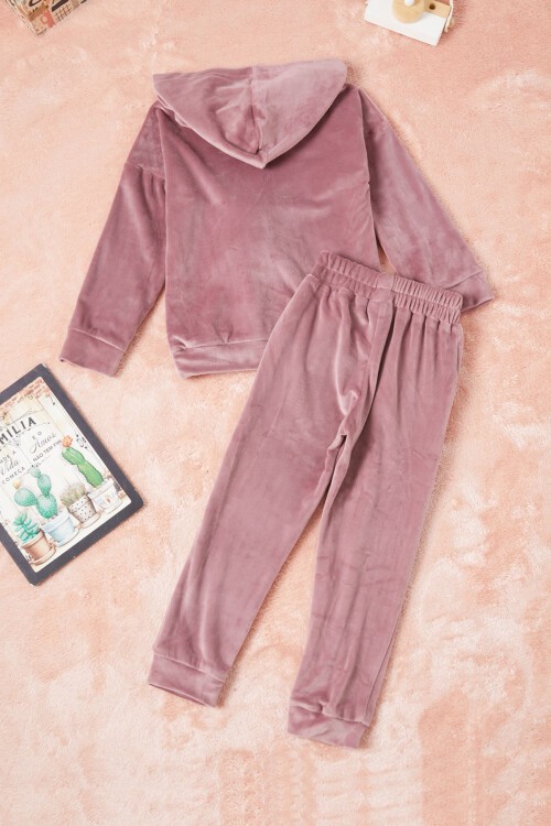 Gül Kurusu Ayıcıklı Kanguru Cepli Kız Kadife Eşofman Takımı 16573