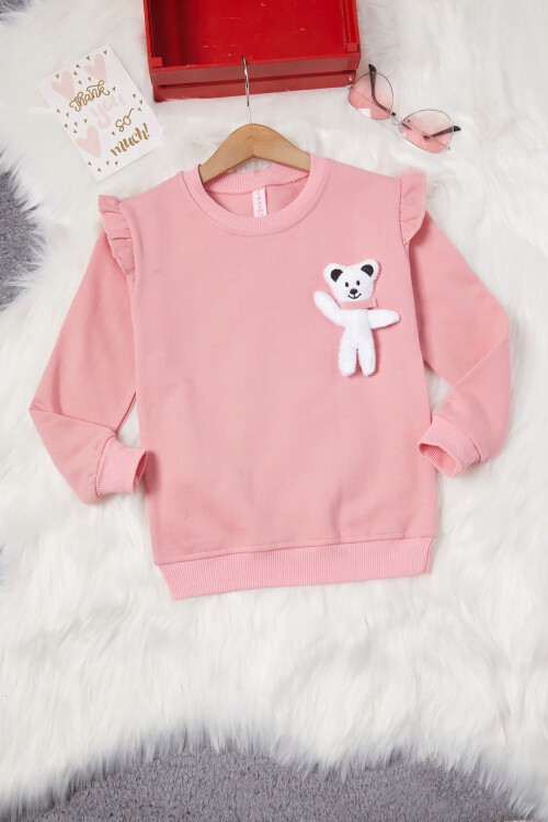 Gül Kurusu Ayıcıklı Kolları Volanlı Kız Çocuk Şardonlu Sweatshirt 16982