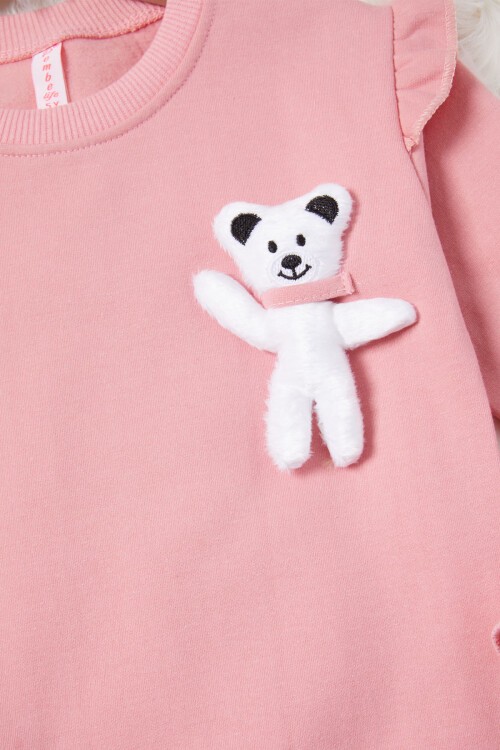 Gül Kurusu Ayıcıklı Kolları Volanlı Kız Çocuk Şardonlu Sweatshirt 16982