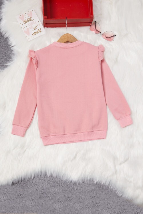 Gül Kurusu Ayıcıklı Kolları Volanlı Kız Çocuk Şardonlu Sweatshirt 16982