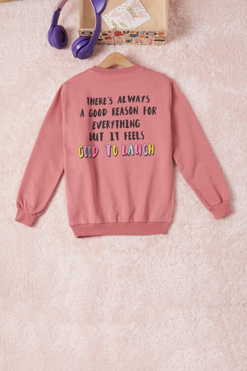 Gül Kurusu Gülen Yüz Sırtı Baskılı Kız Çocuk Sweatshirt 16703