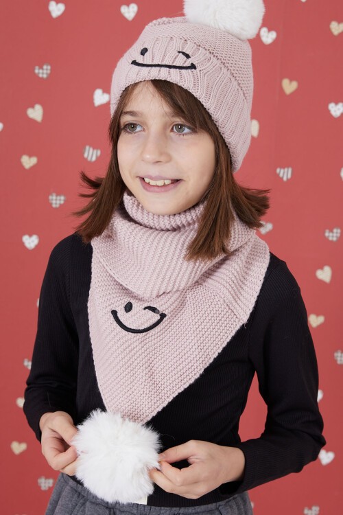 Gül Kurusu Gülenyüz Nakışlı Ponponlu Kız Çocuk Atkı Bere Seti 17302