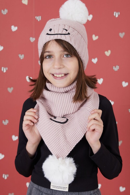 Gül Kurusu Gülenyüz Nakışlı Ponponlu Kız Çocuk Atkı Bere Seti 17302