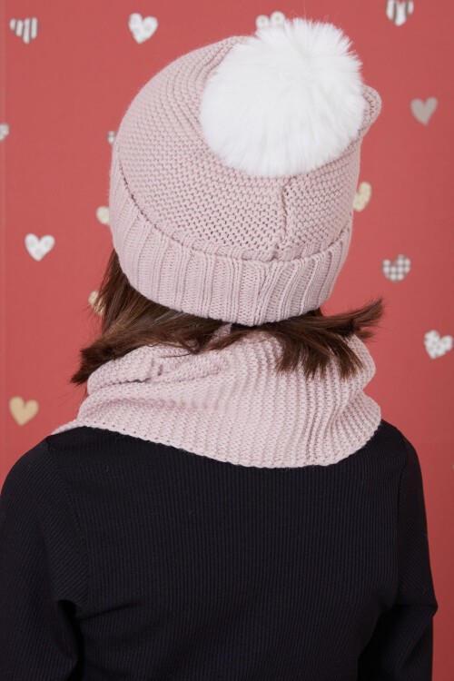 Gül Kurusu Gülenyüz Nakışlı Ponponlu Kız Çocuk Atkı Bere Seti 17302