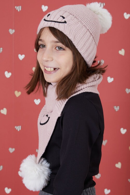 Gül Kurusu Gülenyüz Nakışlı Ponponlu Kız Çocuk Atkı Bere Seti 17302