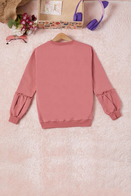 Gül Kurusu Renkli Kalp Desenli Payetli Kız Çocuk Sweatshirt 16695