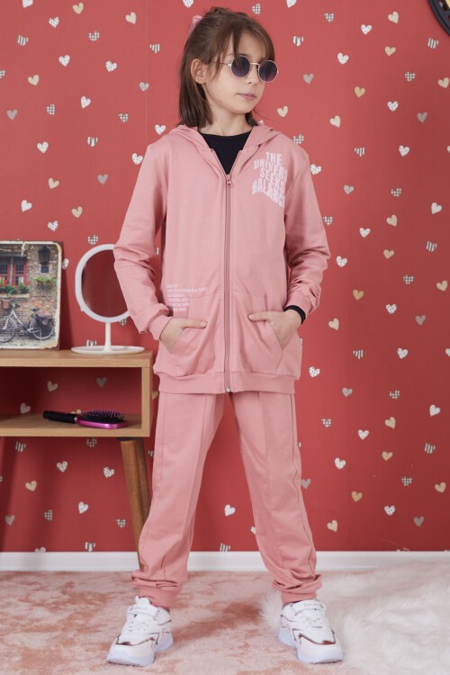 Gül Kurusu Universe Baskılı Kapüşonlu Hırkalı Kız Eşofman Takımı 17274