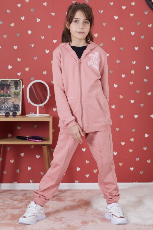 Gül Kurusu Universe Baskılı Kapüşonlu Hırkalı Kız Eşofman Takımı 17274