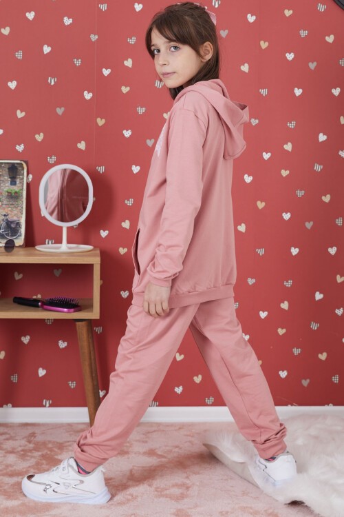 Gül Kurusu Universe Baskılı Kapüşonlu Hırkalı Kız Eşofman Takımı 17274