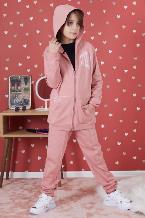 Gül Kurusu Universe Baskılı Kapüşonlu Hırkalı Kız Eşofman Takımı 17274