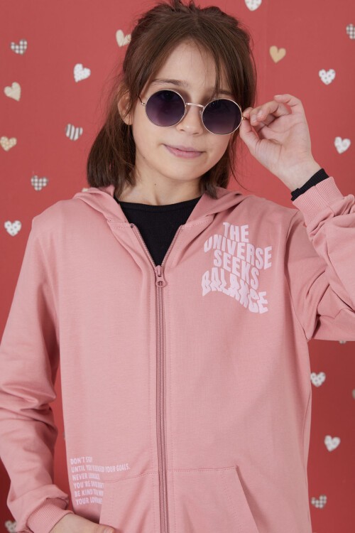 Gül Kurusu Universe Baskılı Kapüşonlu Hırkalı Kız Eşofman Takımı 17274